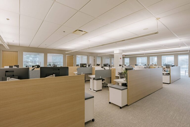 A modern open office space with several workstations, light wood dividers, gray chairs, and computer monitors. The room is well-lit with ceiling lights and has large windows allowing natural light. The office features carpeted flooring and potted plants on desks, creating a professional and clean environment.